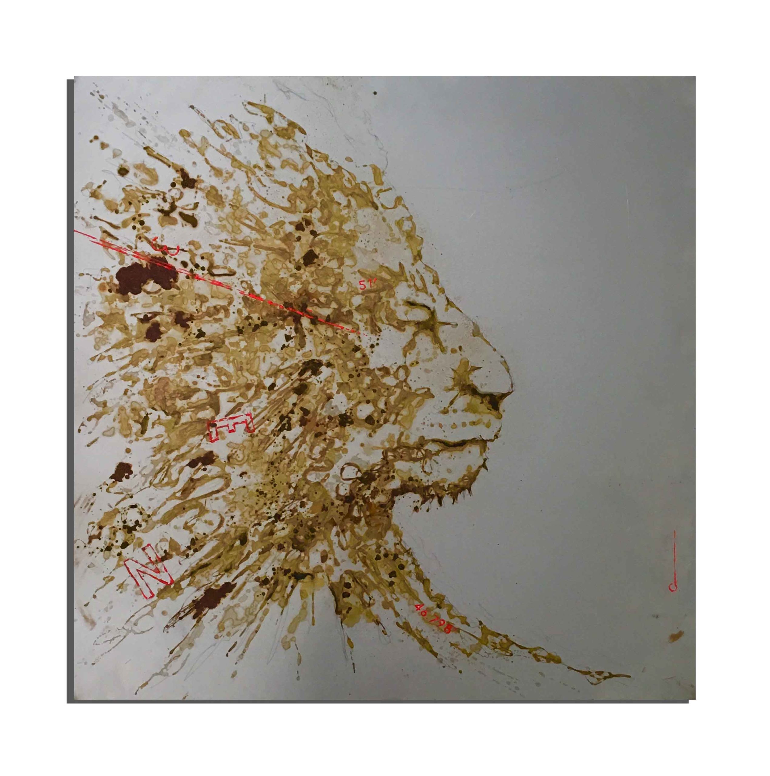 Lion de rouille fait avec du vinaigre et de l'eau de haute mer Méditerranée (France), collectée par Nicolas Lambert lors de son record de la traversée en kayak du continent à la Corse (juin 2020) - projet Water Is Life, Christophe Monteil, Art 4 Nature