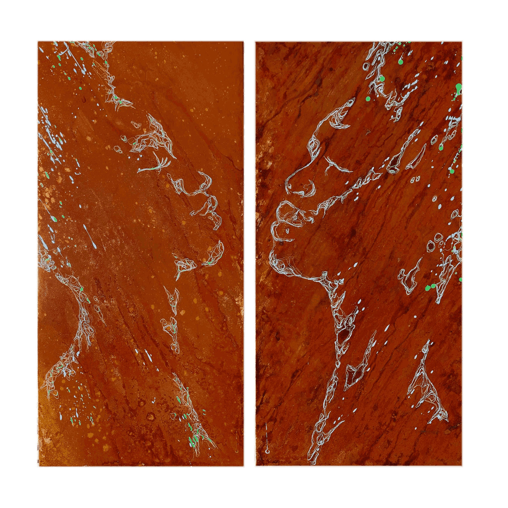 Les Soeurs Sisters — diptyque rouille sur acier avec eau de Negombo, Sri Lanka, Christophe Monteil, 100×100 cm, 2022