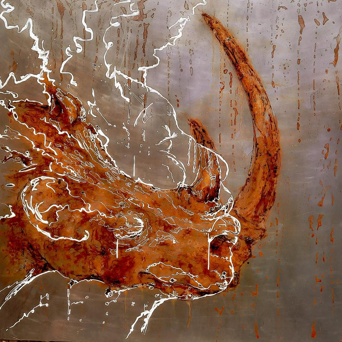 Atlas of Water — Please Stay Home, peinture à la rouille sur acier réalisée avec l'eau du fleuve Zambèze, Zimbabwe. Rhinocéros, Christophe Monteil, 120×120 cm, 2021