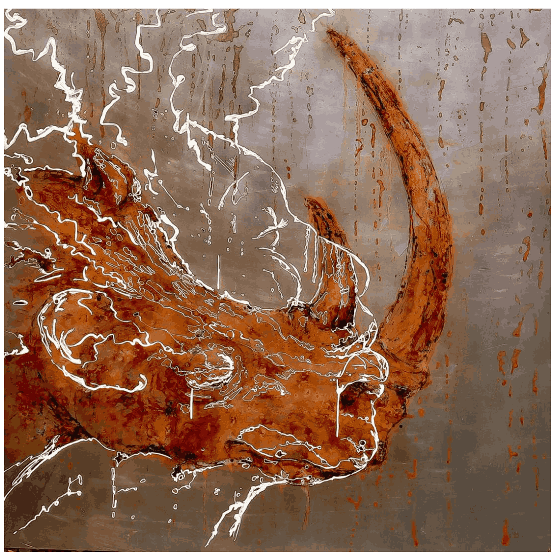 Please Stay Home — rust paintings on steel with Zimbabwean water, Christophe Monteil, 120×120 cm, 2021