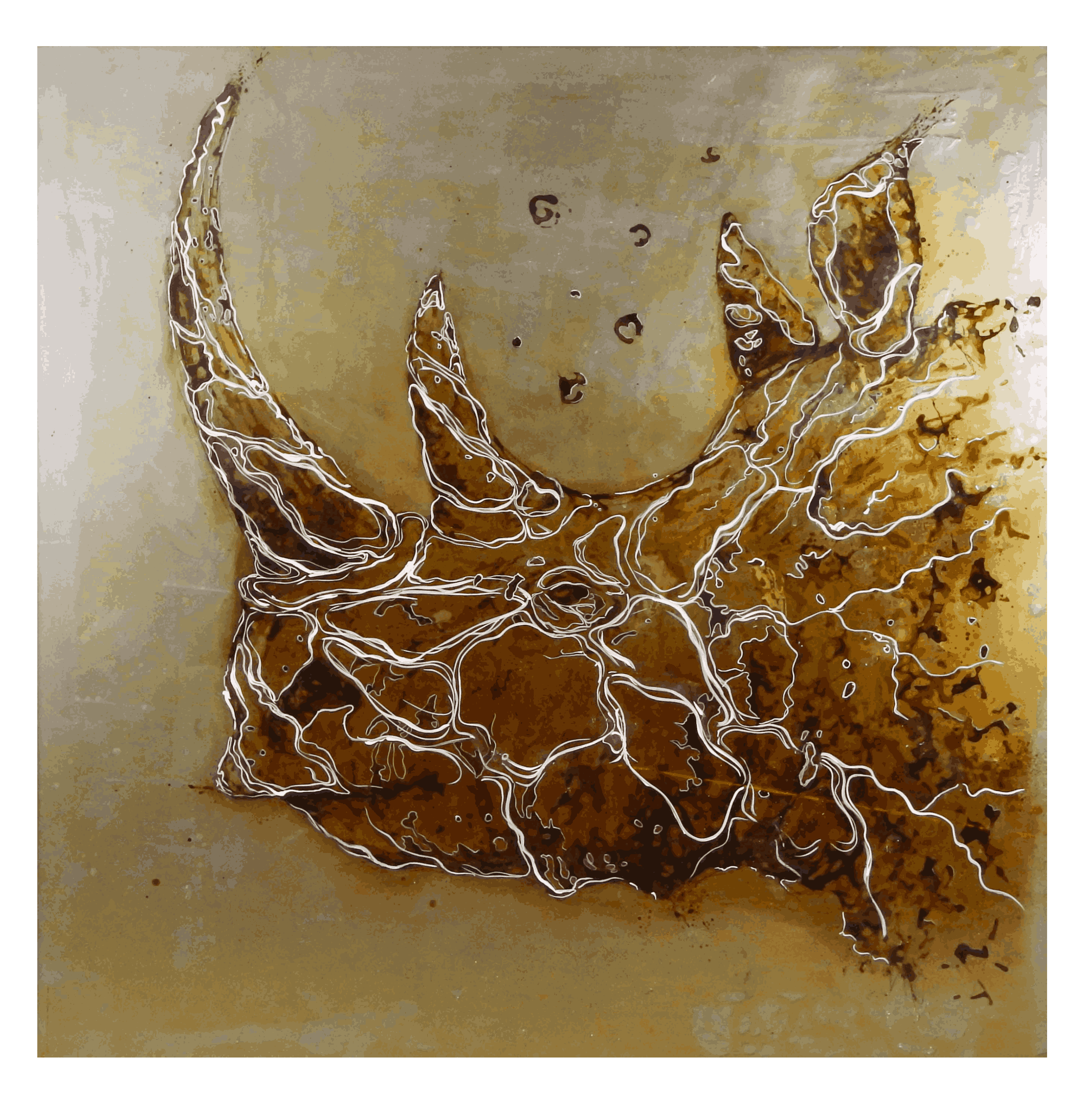 Rhoniceros — peinture rouille sur acier avec eau du Golfe du Lion, Christophe Monteil, 100×100 cm, 2021